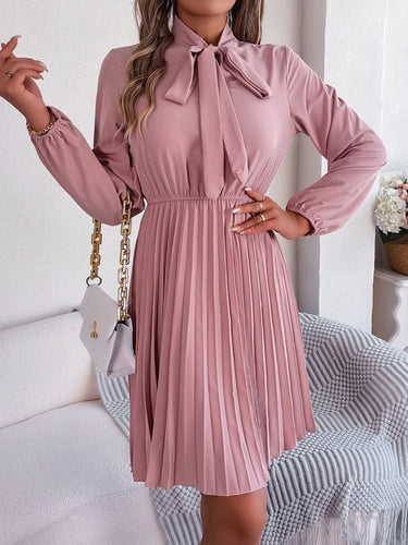 Autumn and winter temperament tie waist long sleeve pleated skirt - Smooth Visage