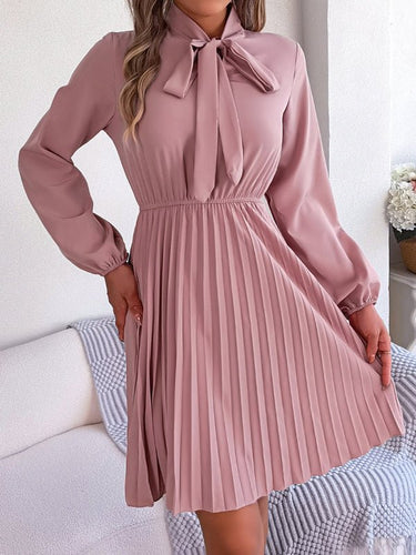 Autumn and winter temperament tie waist long sleeve pleated skirt - Smooth Visage