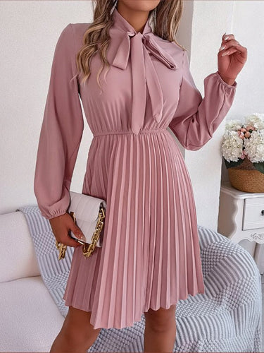 Autumn and winter temperament tie waist long sleeve pleated skirt - Smooth Visage