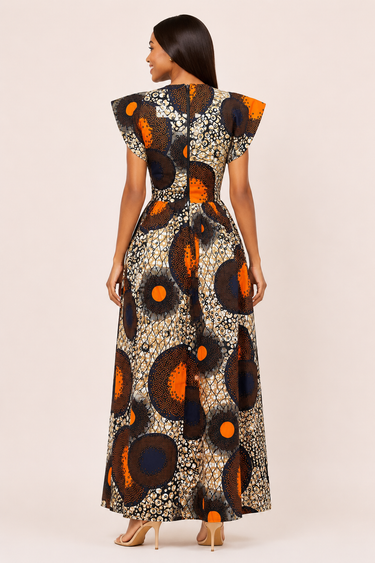 Sunburst Ankara Maxi Dress – Orange & Black Statement Print Gown