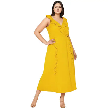 Plus Size Yellow Ruffle Wrap Maxi Dress – Sleeveless Elegant Midi Dress