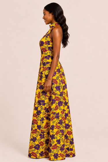Golden Royale Ankara Halter Maxi Dress – Elegant Floral Slit Gown