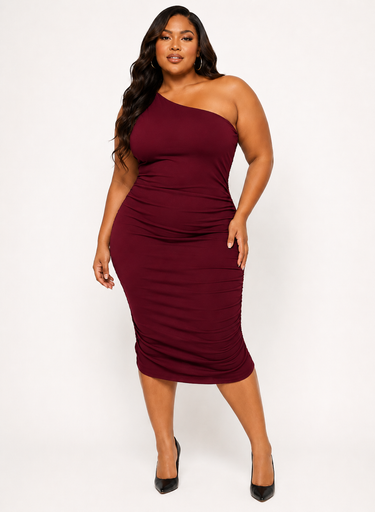 One-Shoulder Ruched Midi Dress – Plus Size Bodycon Dress