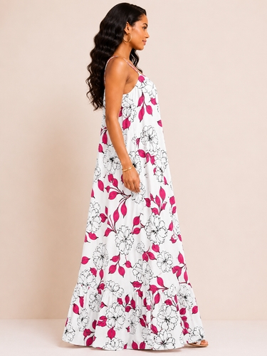 White & Pink Floral Crepe Maxi Dress – Sleeveless Flowy Summer Dress