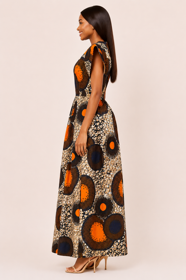Sunburst Ankara Maxi Dress – Orange & Black Statement Print Gown