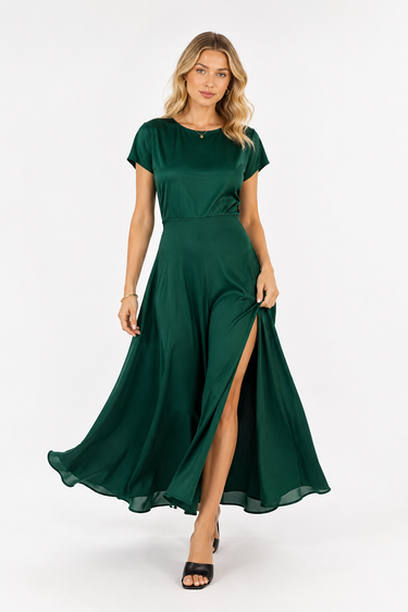 Emerald Green Satin Maxi Dress Short Sleeve Side Slit A Line Formal Dress Women Wedding Guest Bridesmaid Gala Evening Dress