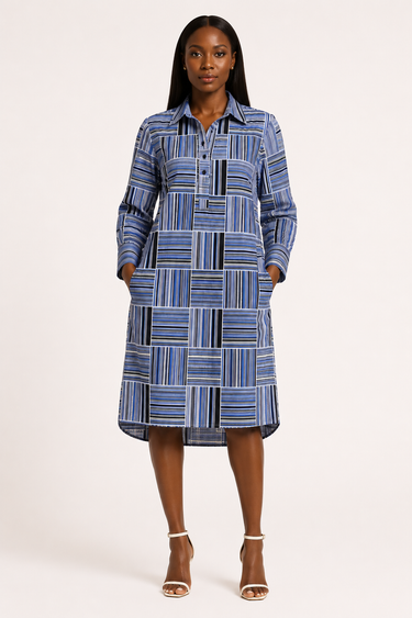 Mosaic Ankara Shirt Dress – Blue Geometric Button-Front Midi Dress