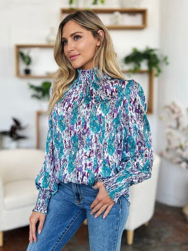 Double Take Full Size Printed Smocked Long Sleeve Blouse - Smooth Visage