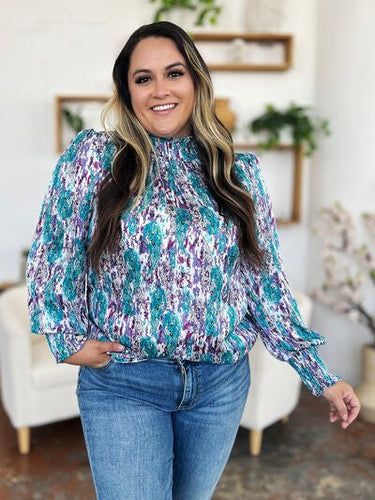 Double Take Full Size Printed Smocked Long Sleeve Blouse - Smooth Visage
