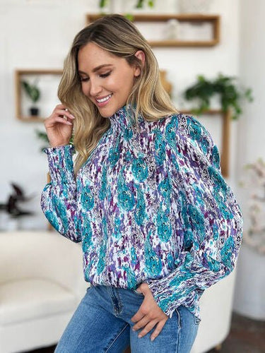 Double Take Full Size Printed Smocked Long Sleeve Blouse - Smooth Visage