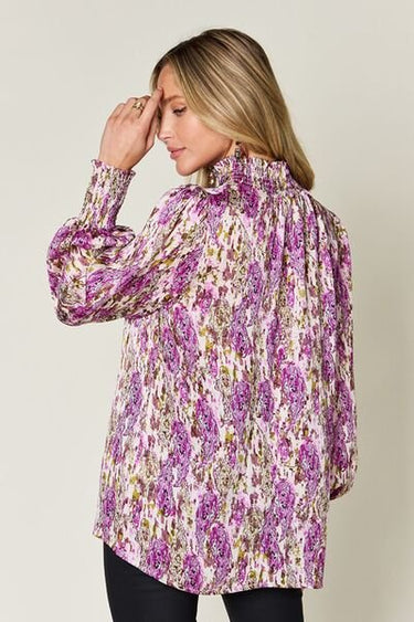 Double Take Full Size Printed Smocked Long Sleeve Blouse - Smooth Visage