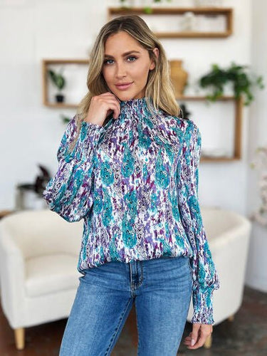 Double Take Full Size Printed Smocked Long Sleeve Blouse - Smooth Visage