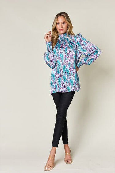 Double Take Full Size Printed Smocked Long Sleeve Blouse - Smooth Visage