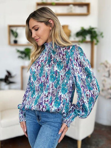Double Take Full Size Printed Smocked Long Sleeve Blouse - Smooth Visage