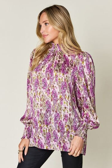 Double Take Full Size Printed Smocked Long Sleeve Blouse - Smooth Visage
