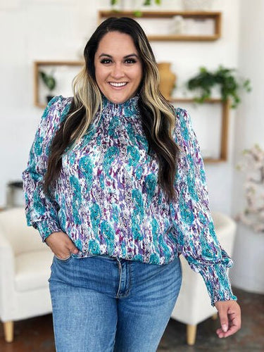 Double Take Full Size Printed Smocked Long Sleeve Blouse - Smooth Visage