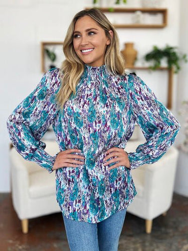 Double Take Full Size Printed Smocked Long Sleeve Blouse - Smooth Visage