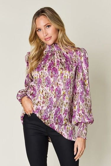 Double Take Full Size Printed Smocked Long Sleeve Blouse - Smooth Visage