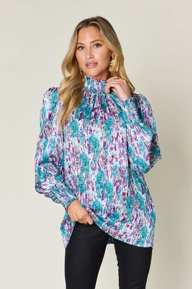 Double Take Full Size Printed Smocked Long Sleeve Blouse - Smooth Visage