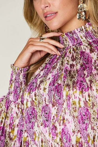 Double Take Full Size Printed Smocked Long Sleeve Blouse - Smooth Visage