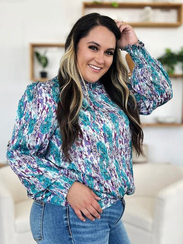 Double Take Full Size Printed Smocked Long Sleeve Blouse - Smooth Visage