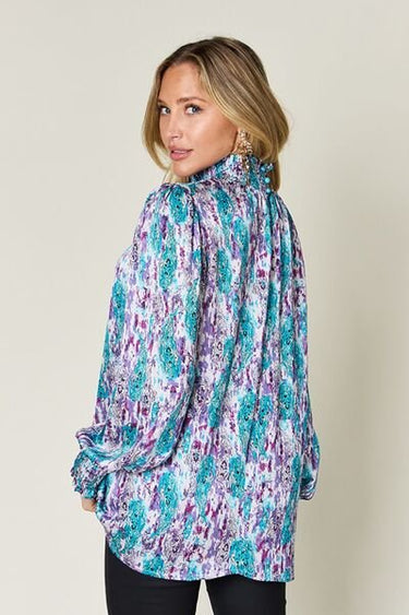 Double Take Full Size Printed Smocked Long Sleeve Blouse - Smooth Visage