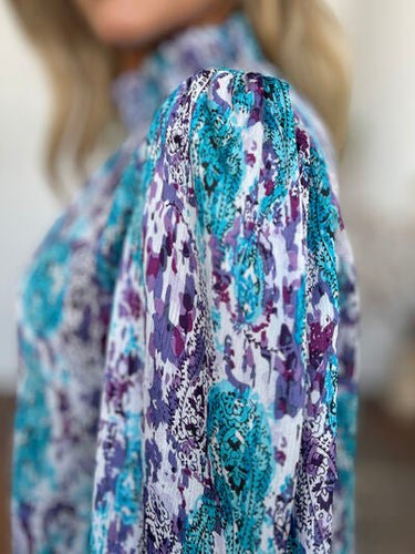 Double Take Full Size Printed Smocked Long Sleeve Blouse - Smooth Visage