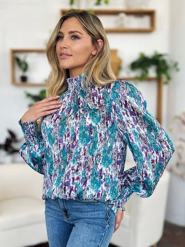 Double Take Full Size Printed Smocked Long Sleeve Blouse - Smooth Visage