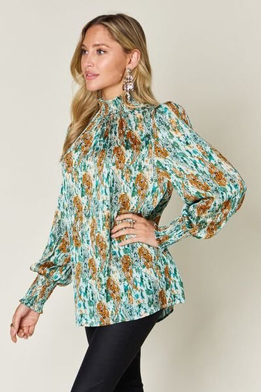 Double Take Full Size Printed Smocked Long Sleeve Blouse - Smooth Visage