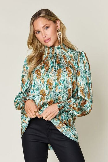 Double Take Full Size Printed Smocked Long Sleeve Blouse - Smooth Visage