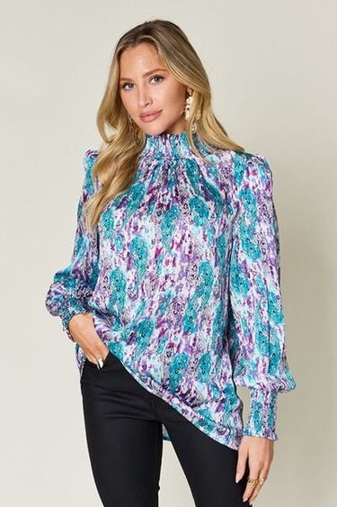 Double Take Full Size Printed Smocked Long Sleeve Blouse - Smooth Visage