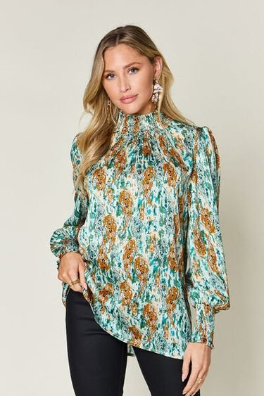 Double Take Full Size Printed Smocked Long Sleeve Blouse - Smooth Visage