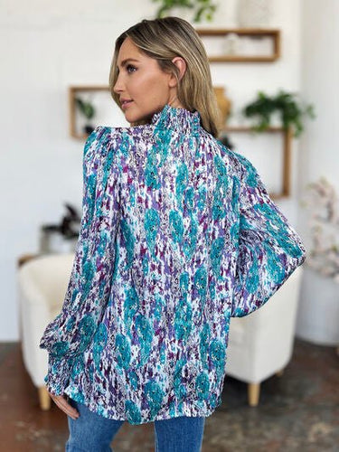 Double Take Full Size Printed Smocked Long Sleeve Blouse - Smooth Visage