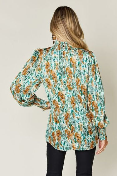 Double Take Full Size Printed Smocked Long Sleeve Blouse - Smooth Visage