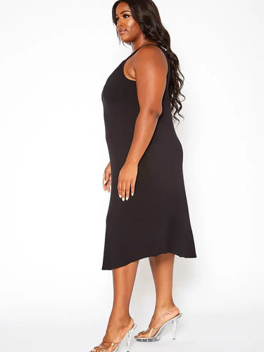 Plus Size Black Slip Midi Dress – Minimalist Sleeveless Casual Dress