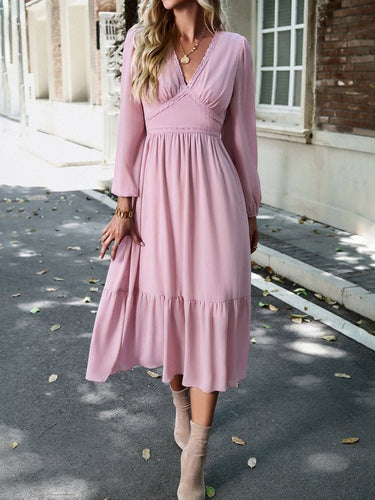 Elegant lace solid color V - neck dress - Smooth Visage