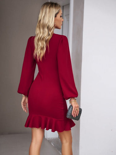 Elegant Puff Sleeve Ruffle Trim Solid Dress - Smooth Visage
