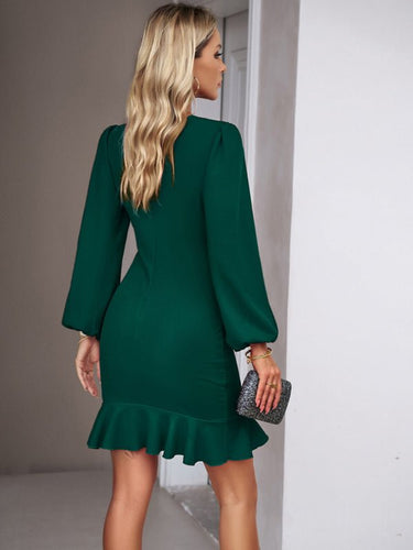 Elegant Puff Sleeve Ruffle Trim Solid Dress - Smooth Visage