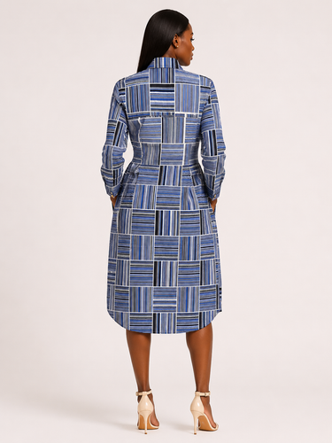 Mosaic Ankara Shirt Dress – Blue Geometric Button-Front Midi Dress