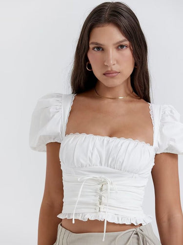 French retro square neck lace puff sleeves super short navel - baring hot girl shirt - Smooth Visage