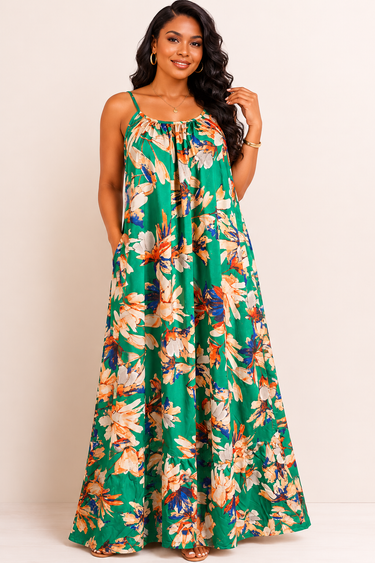 Green Floral Maxi Dress – Lightweight Sleeveless Ankara Summer Dress