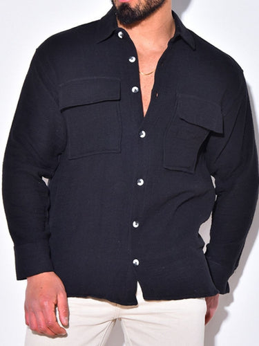 Men's Full Size Collared Neck Long Sleeve Shirt with Chest Pockets Plus Size - Smooth Visage