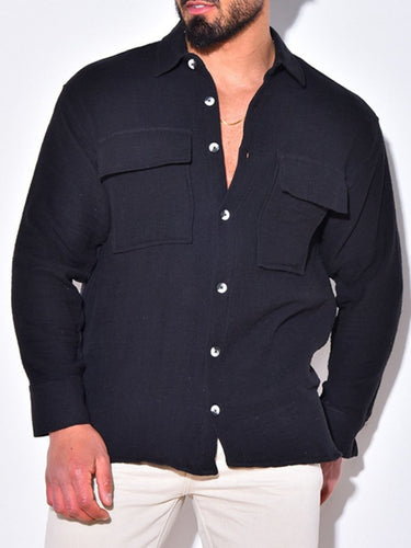 Men's Full Size Collared Neck Long Sleeve Shirt with Chest Pockets Plus Size - Smooth Visage