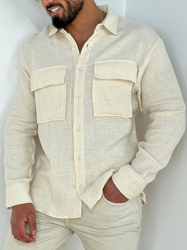 Men's Full Size Collared Neck Long Sleeve Shirt with Chest Pockets Plus Size - Smooth Visage