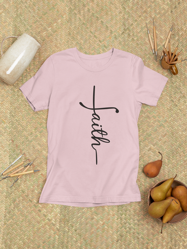 White inspirational Christian tee with elegant faith script design