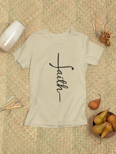 Christian graphic tee for women featuring simple cross typography
