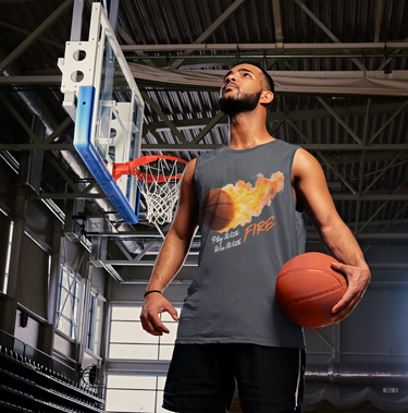 Close-up of motivational fire basketball graphic on white tank top