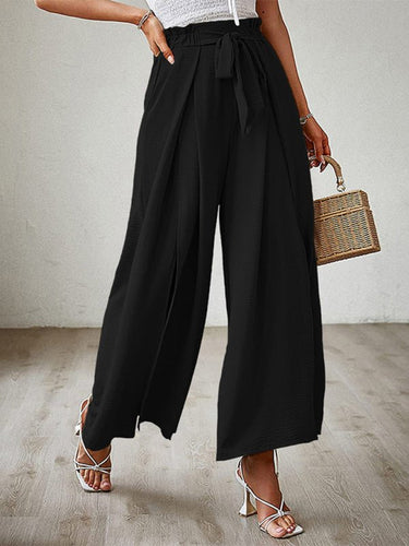 New bow loose high waist pleated wide leg pants with belt pants - Smooth Visage