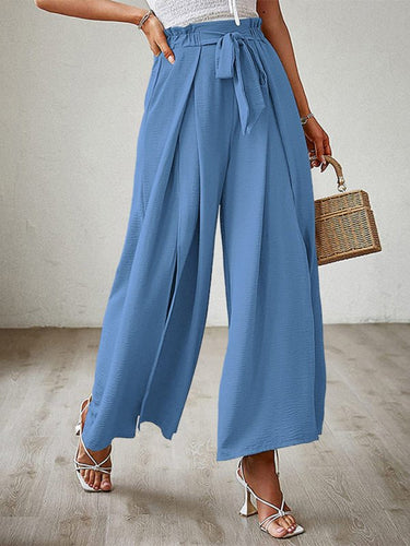New bow loose high waist pleated wide leg pants with belt pants - Smooth Visage