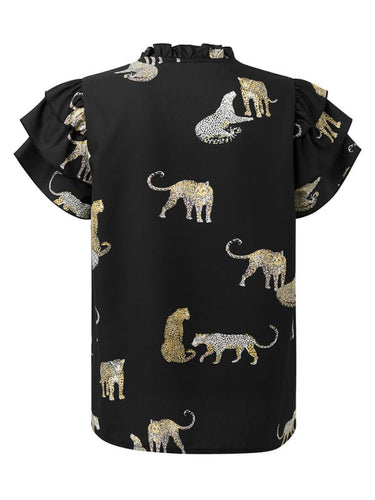 New casual summer V - neck printed ruffle sleeve top - Smooth Visage